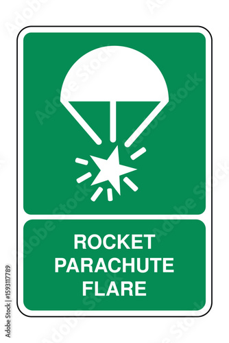 Rocket Parachute Flare Symbol on Green Safety Sign with Explanation – Emergency Maritime Signal Icon for Offshore Rescue Operations – High Quality Vectorial Stock Image