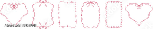 Set of stylish vector borders with decorative bows and flowing lines in magenta color. These elegant frames offer a feminine touch for greeting cards, bridal stationery, baby showers, and holiday desi