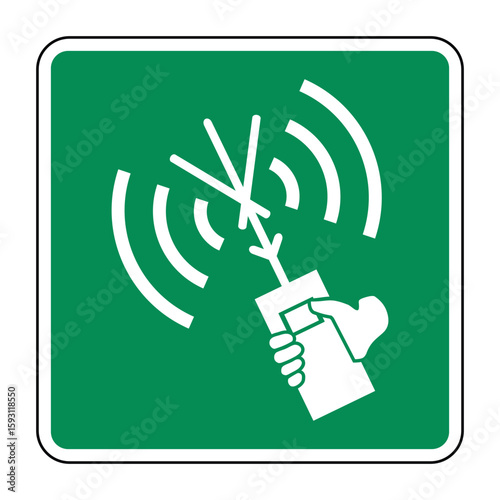 Two-Way VHF Radiotelephone Apparatus Symbol on Green Safety Sign – Emergency Marine Communication Icon for Survival Craft – High Quality Vectorial Stock Image