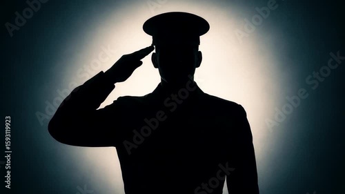 Silhouette of a military soldier in salute, facing forward with strong posture and dramatic backlight. A respectful tribute suitable for patriotic, military, and national remembrance visuals.