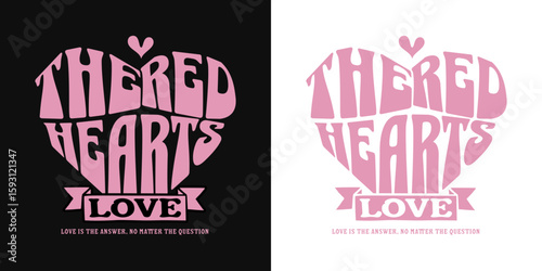 Hearts and Love Design: A charming heart-shaped graphic, adorned with The Red Hearts Love in a whimsical, bold typography, conveys the essence of affection.