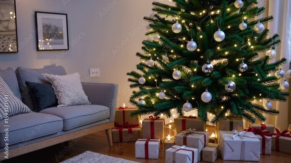 Festive Scandinavian-Inspired Living Room Decorated with Grand Christmas Tree and Wrapped Presents