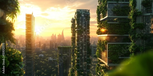 Vibrant and sustainable city at dawn with innovative vertical greenery and towering skyscrapers. The future of urban living.