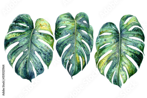Vibrant monstera leaves nature studio art tropical greenery view. Isolated on transparent background, png.