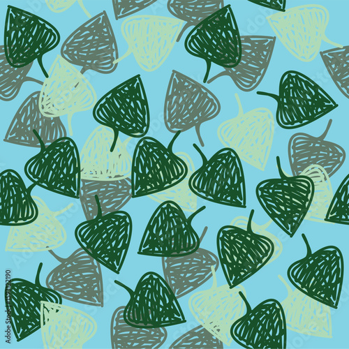 Seamless vector floral pattern with stylized, hand-drawn hatched poplar leaves of various shades on a pale blue background.