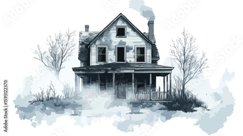 Eerie Abandoned House in Fog Artwork