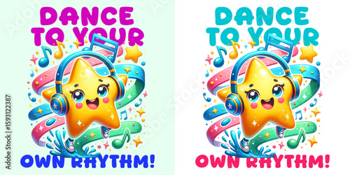 Dancing Star in Rhythm: A vibrant and cheerful illustrated star wearing headphones and dancing to its own unique rhythm, a fun graphic perfect for those who enjoy music and expressing themselves.