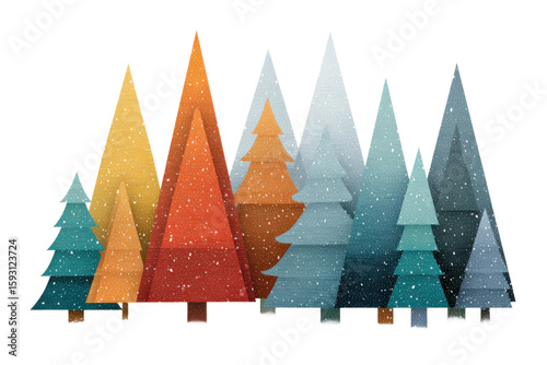 Winter forest scene with colorful trees in snowy landscape. Isolated on transparent background, png.