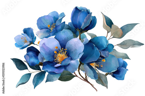 Vibrant blue floral arrangement nature illustration studio close-up. Isolated on transparent background, png.