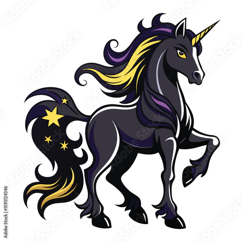 Pure black design of a prancing unicorn with flowing mane and star decorations, isolated on white background. 