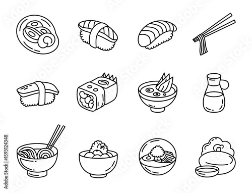 Simple hand drawn icons of delicious japanese food and utensils