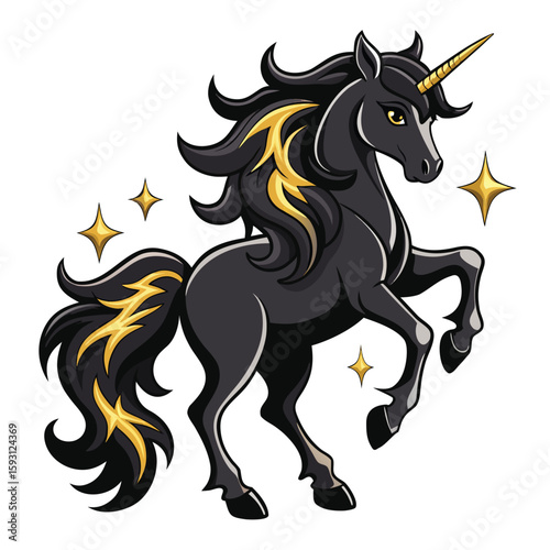 Pure black design of a prancing unicorn with flowing mane and star decorations, isolated on white background. 