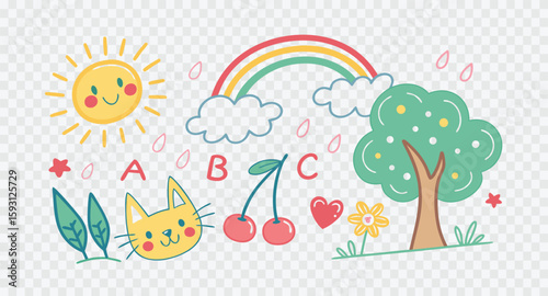 Cute doodle of a happy sun, rainbow, and cat