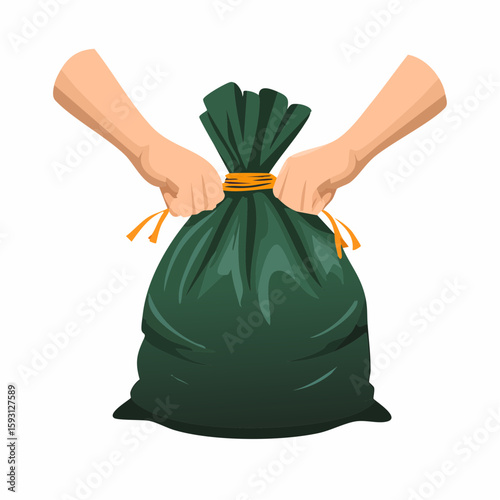 Trash bag being tied – Garbage bag being cinched and tied into a knot.
