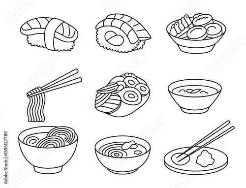 Simple line art illustrations of popular japanese food dishes and utensils