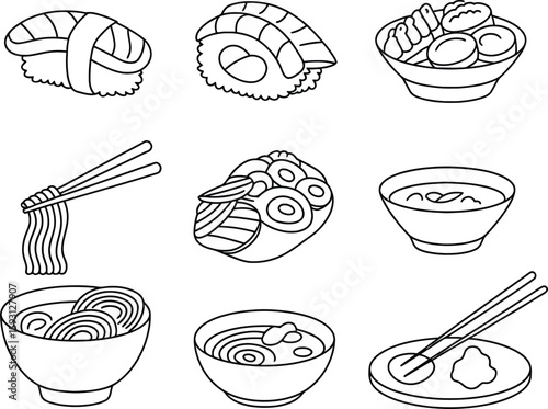 Simple line art illustrations of popular japanese food dishes and utensils