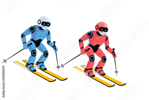 AI robots skiing and snowboarding downhill vector


