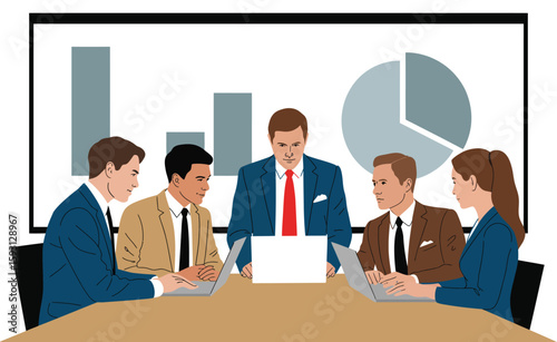 Business conference room meeting with laptop and charts

