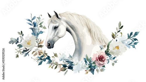 Majestic White Mustang Unicorn Watercolor Portrait