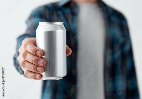 Close-Up of Man Holding Blank Silver Drink Can Mockup on White Background – Casual Style, Front View