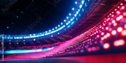 A close-up of an electronic circuit board illuminated with colorful LED lights. The design features red, blue, and pink hues, highlighting the intricate components.
