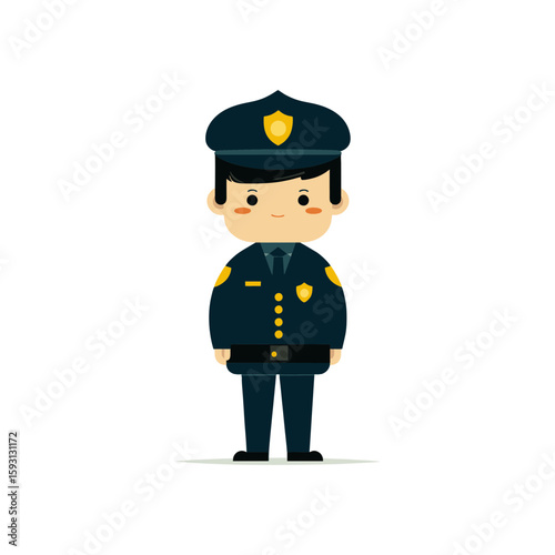 Cute Asian police officer character in navy blue and gold uniform, educational doodle icon for school books, law enforcement topics, and children’s career illustrations on transparent background.