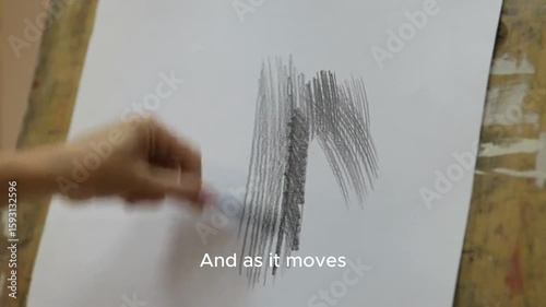 An artists hand uses a pencil to create textured lines on a large sheet of paper