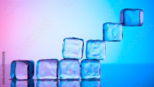Ice cubes stacked in a step pattern on a reflective surface with pink and blue lighting