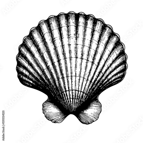Vintage Scallop Shell – Fan-Shaped Seashell in Copperplate Engraving Style