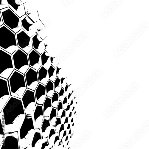 Black and white abstract honeycomb pattern with a perspective view on a white background design element