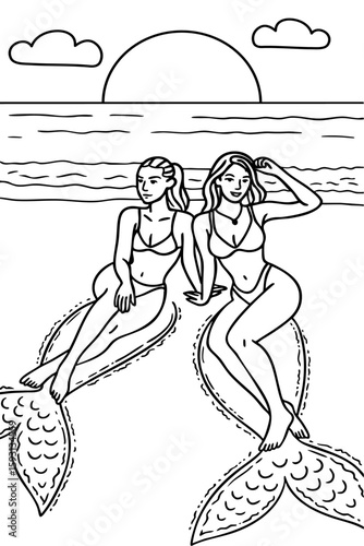 Two stylish mermaids relaxing on the beach with waves in the background. Magical and summery coloring page for fantasy lovers.