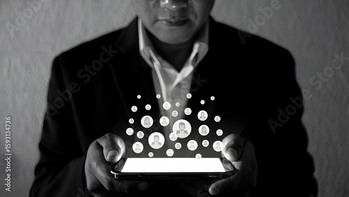 Businessman using social media network on smartphone connecting with people online
