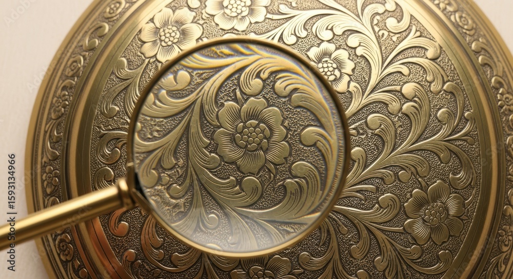 Obraz premium Magnifying glass revealing intricate floral engravings on brass surface