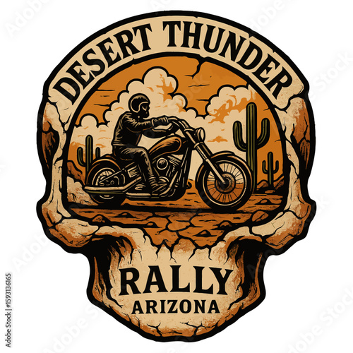 A bold Desert Thunder Rally logo featuring a rider cruising on his motorcycle through Arizona's desert. Vintage vector biker emblem badge patch, retro design, transparent background