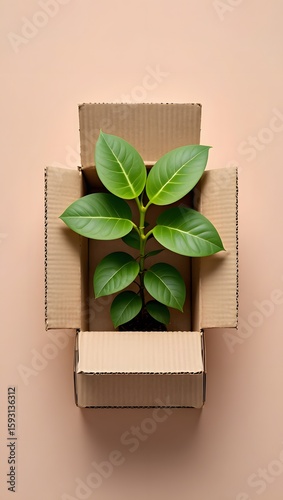 Plant delivery service concept, green plant in box, sustainable shipping and packaging