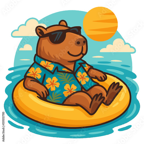 A capybara in sunglasses enjoys a sunny day while floating on an inflatable ring. Vector emblem badge patch, transparent background