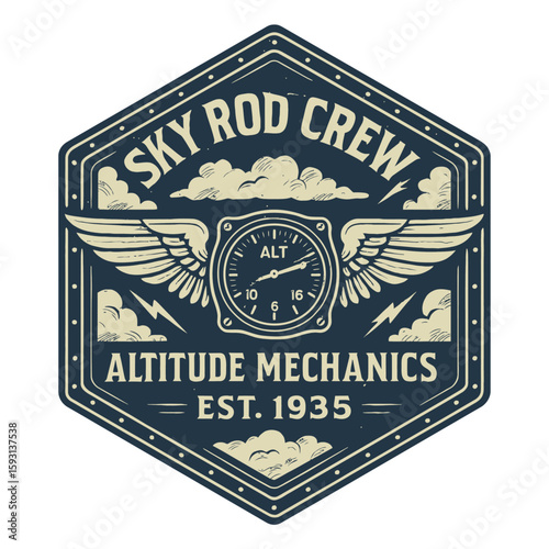 A vintage aviation-themed logo for the "Sky Rod Crew" and "Altitude Mechanics." Vintage vector emblem badge patch, retro design, transparent background