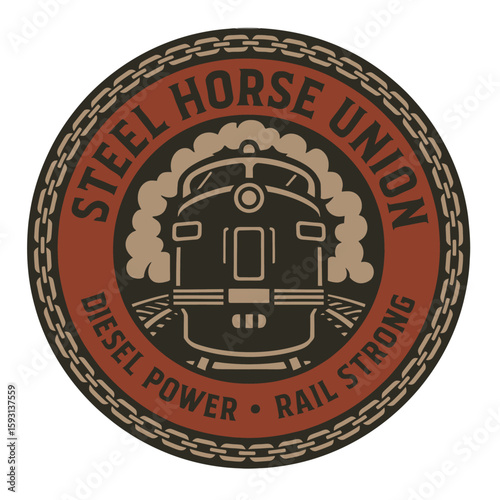 A classic train emblem features the words "Steel Horse Union" and "Diesel Power". Vintage vector emblem badge patch, retro design, transparent background