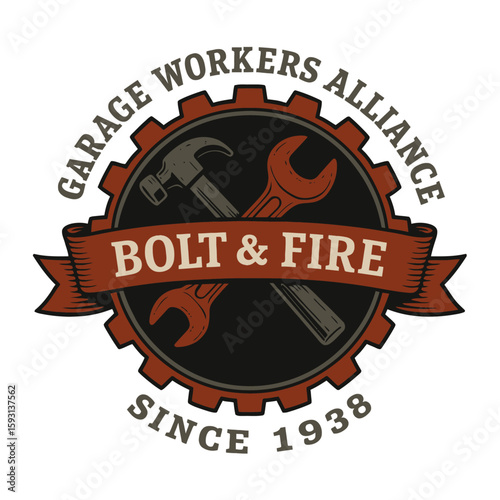 A vintage emblem proudly displays the Garage Workers Alliance, showcasing classic tools and a banner. Vintage vector emblem badge patch, retro design, transparent background