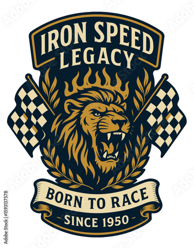 The striking iron speed legacy emblem showcases a roaring lion with racing flags, celebrating speed and competition. Vintage vector emblem badge patch, retro design, transparent background