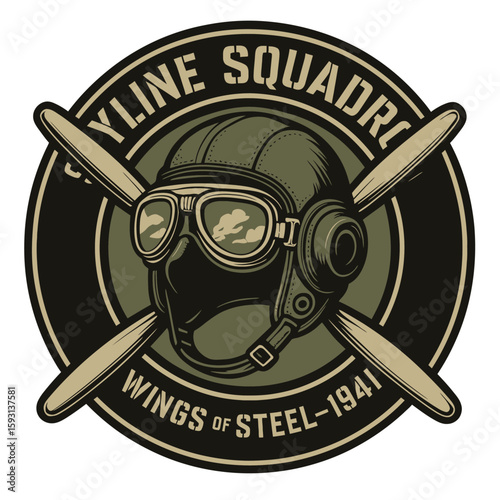 The logo design showcases a classic pilot's helmet with goggles and crossed propellers. Vintage vector emblem badge patch, retro design, transparent background
