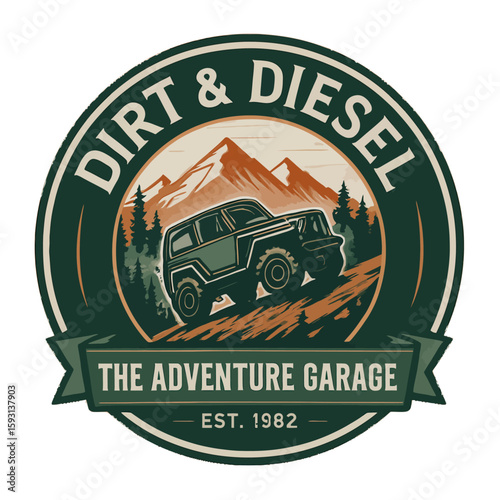The Dirt & Diesel adventure garage logo shows an off-road vehicle in a mountainous landscape. Vintage vector car emblem badge patch, retro design, transparent background