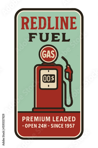 This vintage sign showcases Redline Fuel with a retro gas pump, ideal for nostalgic or automotive designs. Vintage vector emblem badge patch, retro design, transparent background