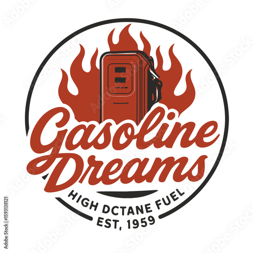 The retro gasoline dreams logo features a fiery gas pump, perfect for automotive themes. Vintage vector emblem badge patch, retro design, transparent background