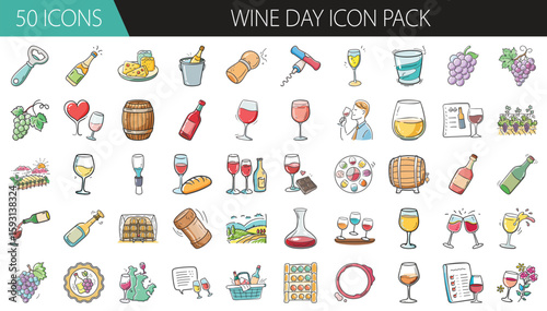 50 Wine Day Icons for Celebrations and Tastings - Vector icon set of 50 Wine Day illustrations featuring wine glasses, bottles, grapes, barrels, corks, snacks, and tasting elements.