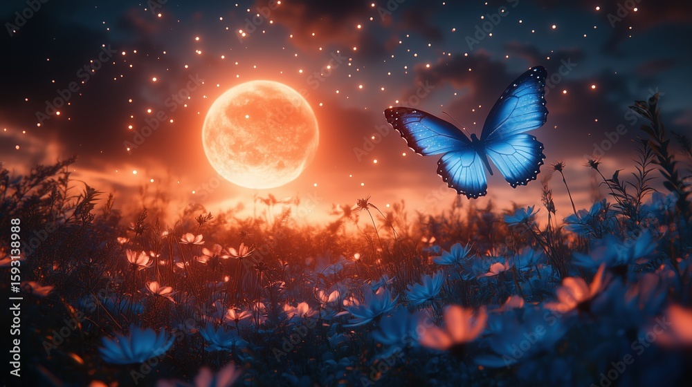 Obraz premium A close-up of a vibrant blue butterfly in a fantasy night scene, illuminated by a warm orange full moon and surrounded by glowing flowers and subtle stars.