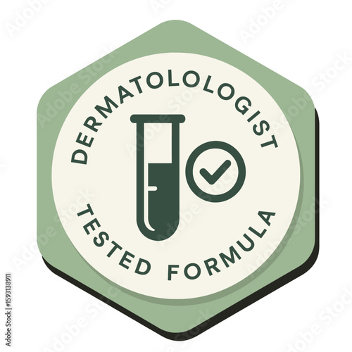 The dermatologist-tested formula badge assures skin care product quality and safety. Modern flat vector sticker label with icon and badge style, transparent background