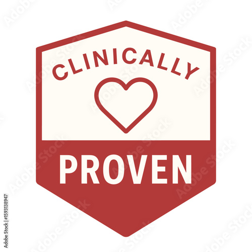 A badge that says clinically proven with a heart symbol in the middle. Modern flat vector sticker label with icon and badge style, transparent background