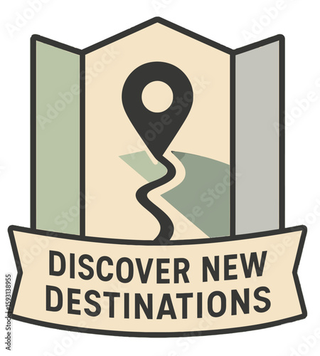 Discover new destinations with this captivating logo design for travel and exploration. Modern flat vector sticker label with icon and badge style, transparent background