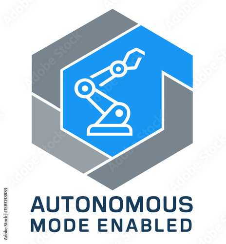 The logo illustrates autonomous mode with a robotic arm, signifying automated processes. Modern flat vector sticker label with icon and badge style, transparent background